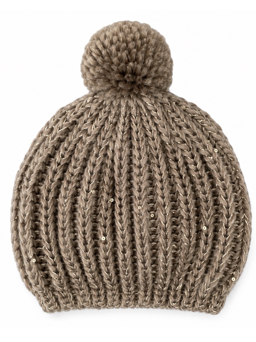 EUC Women's Tan Chunky Knit Sequined Pom Pom Winter Beanie Hat OS